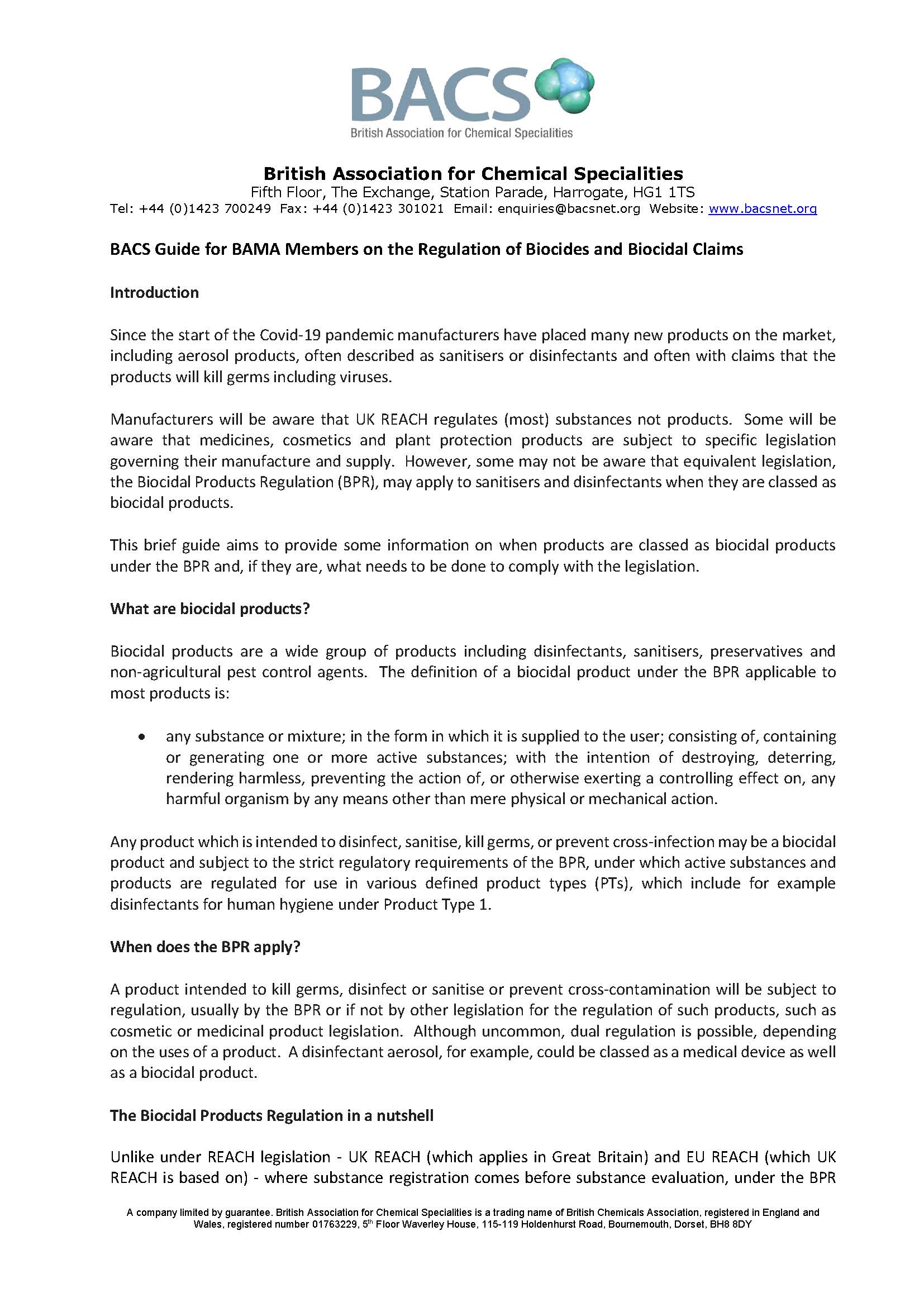 BACS Guide on the Regulation of Biocides and Biocidal Claims - AVAILABLE SOON